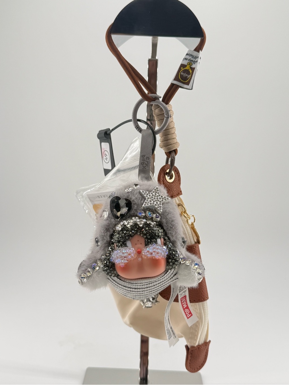 Crybaby Beaded Crystal Doll Keychain Bag Charm in Gray and Brown